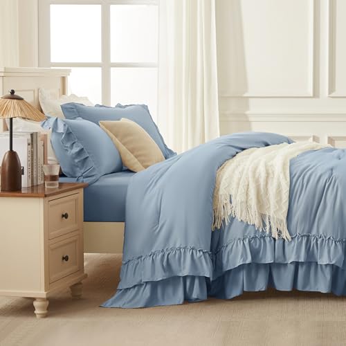 Grayish Blue Twin Size Ruffle Comforter Set