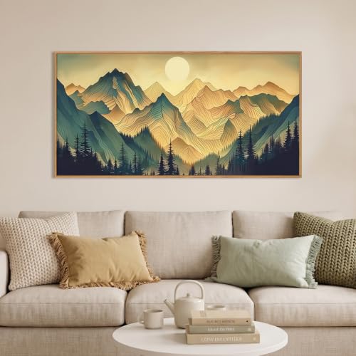 Boho Green Mountain Landscape Framed Canvas Wall Art Set
