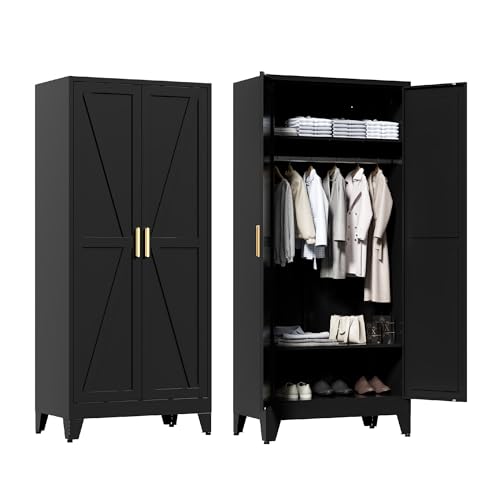 71'' Farmhouse Metal Wardrobe Cabinet with Hanging Rod