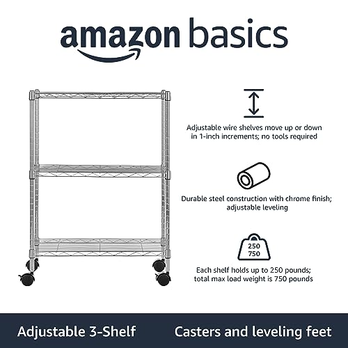 3 Shelf Heavy Duty Adjustable Wire Shelving Storage Rack on 2" PP Plastic Wheel Casters