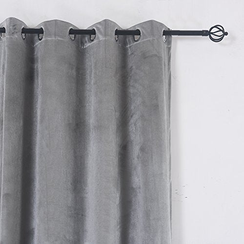 Super Soft Luxury Room Darkening Velvet Silver Gray Classic Blackout Curtains Panels Home Theater Grommet Drapes 52Wx63L inch Light Grey