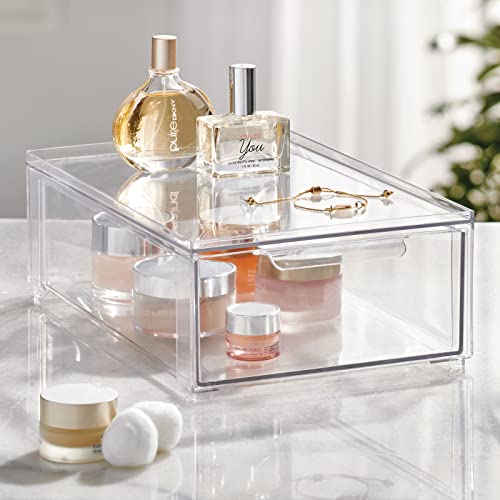 Plastic Stackable Bathroom Storage Organizer Bin Containers with Front Pull Drawer for Bathroom Countertop