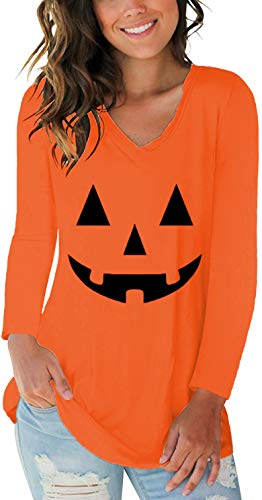 Women Halloween V Neck Tee Shirts Pumpkin Long Sleeve Tunic Tops XL
