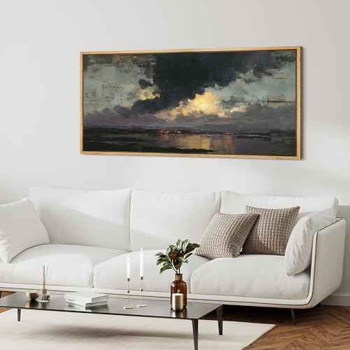 Extra Large Framed Canvas Print Wall Art Misty Lake Landscape Antique Retro Fine Art Illustrations Decorative Colorful for Bedroom