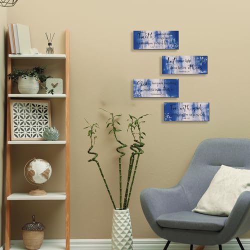 4 Pieces Blue Bathroom Decor Bible Verses Wooden Wall Decor Abstract Office Christian Religious Art for Women Office Home Bedroom Living Room Decoration (4 Count)