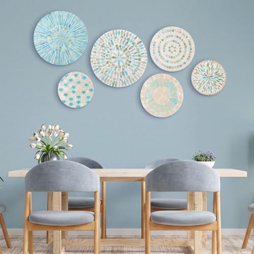 7 Pcs Blue Mother of Pearl Shell Plate Coastal Wall Art Mosaic Wall Sculpture Shell Handmade Hanging Plates Arts for Christmas Bedroom Bathroom Home Office Hotel (7 Count)
