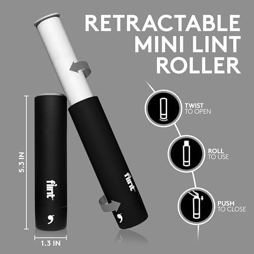 Classic Black Retractable Mini Lint Roller with 90 Extra Sticky Sheets