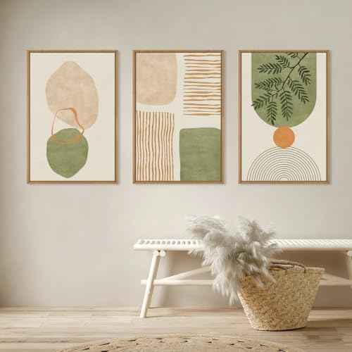 Boho Sage Green Geometric Framed Canvas Wall Art Set