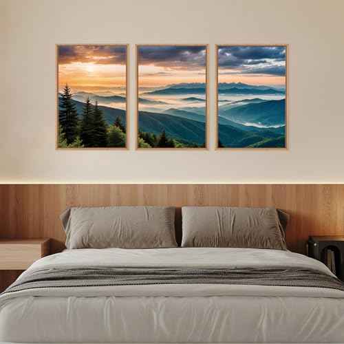 Large Nature Mountain Sunrise Framed Canvas Wall Art (3 Count)