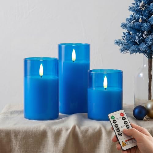 Blue Glass Flameless LED Candles Battery Operated with Remote Timer (3 Count)