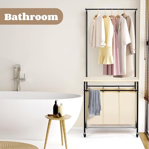 3 Section Laundry Sorter with Garment Hanging Bar Rack Foldable Ironing Board