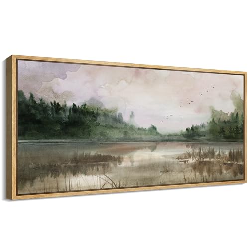 Extra Large Framed Canvas Print Wall Art Tranquil Lake Reflections Nature Landscape Illustrations Antique Retro Fine Art Illustrations Decorative Colorful for Bedroom
