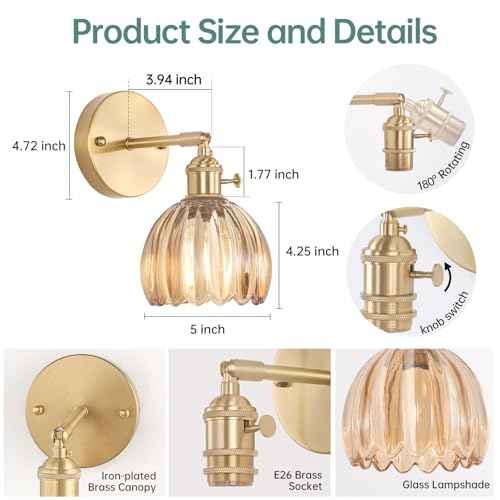 Vintage Wall Sconces Set of 2 with Amber Tulip Glass Lampshade 180 Degree Adjustable Brass Sconces Hradwired Modern Wall Lighting Fixture with Switch for Bedside Bedroom Doorway (2 Count)