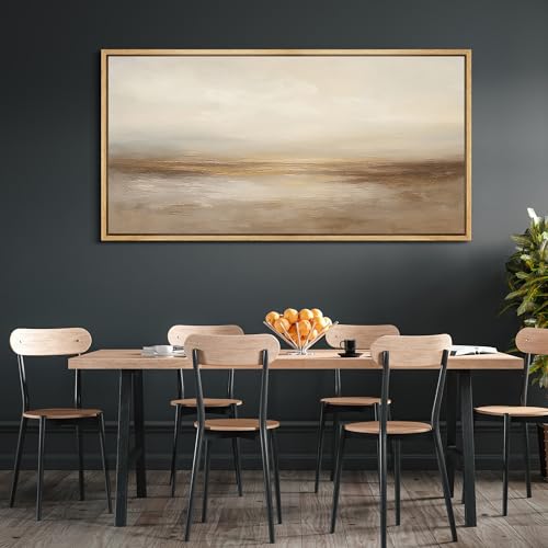 Extra Larg Framed Canvas Print Wall Art Neutral Beige Horizon Abstract Modern Minimalist Landscape Illustrations Decorative Colorful for Bedroom