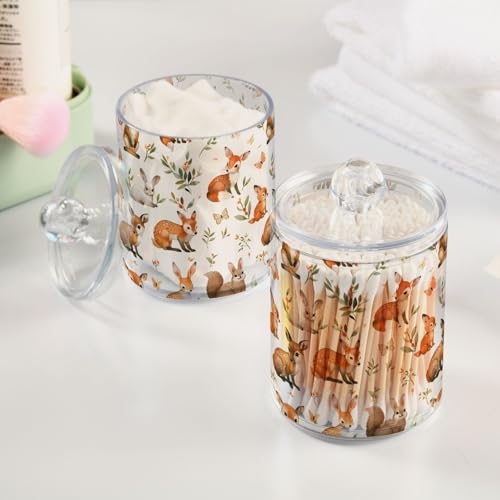 2 Pack Qtip Holder Organizer Dispenser Watercolor Woodland Animals Bathroom Storage Canister Cotton Ball Holder Container for Cotton Pads (2 Count)
