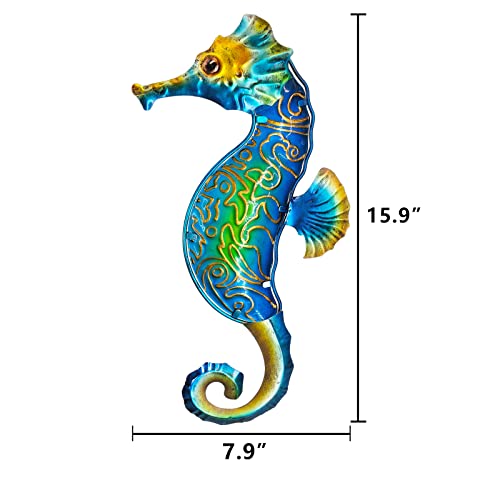 Seahorse Sea Wall Decor Outdoor Metal Garden Hanging Art Glass Sculptures Home Ocean Theme Decorations for Kitchen Bathroom and Pool