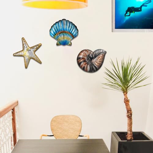 Metal Ocean Wall Sculptures Outdoor Metal Sea Star Conch Wall Art Decor Pool Garden Patio Bathroom Yard Farmhouse Fence Deck (3 Count)