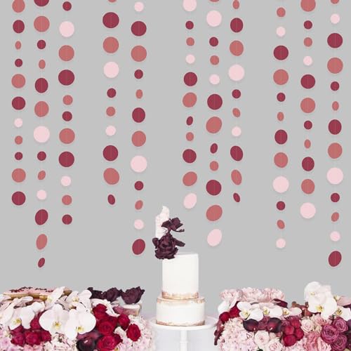 Burgundy Dusty Pink Decorations Circle Dot Garland Maroon Pink Hanging Polka Dot Streamer Banner for Wedding Birthday Bridal Shower Engagement Graduation Anniversary Garnet Party Supplies