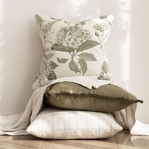 Set of 2 Linen Floral Throw Pillow Covers Neutral Vintage Print Decorative Cushion Covers Farmhouse Boho Home Decor for Sofa Chair Couch Bedroom Living Room (2 Count)
