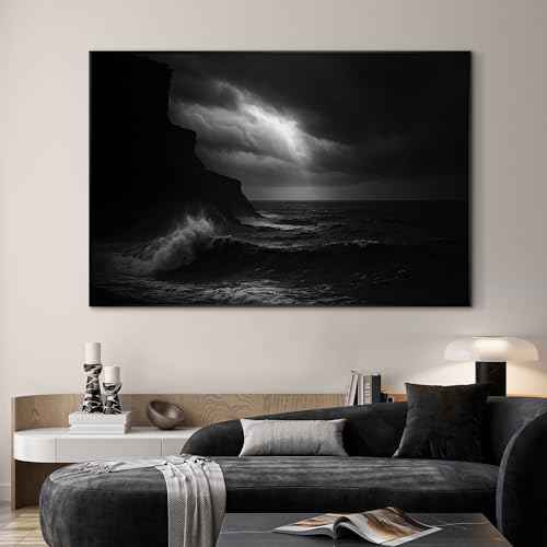 46"x72" Extra Large Framed Wall Art Dramatic Black and White Ocean Waves with Cliff and Stormy Sky for Home Living Room Bedroom Decor