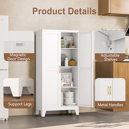 Metal Kitchen Pantry Storage Cabinet with 2 Doors and 3 Adjustable Shelves