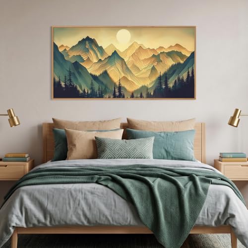 Boho Green Mountain Landscape Framed Canvas Wall Art Set