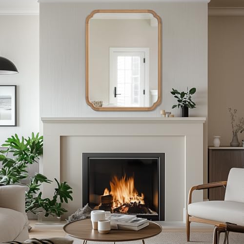 28" x 40" Rounded Corner Arch Wall Mirror with Wood Frame for Entryway
