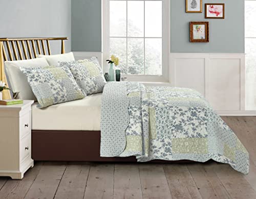 Multi Blue & Beige Floral Patchwork Quilt Set