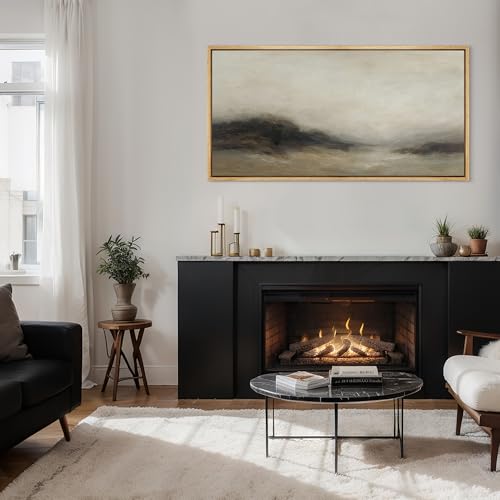 Extra Larg Framed Canvas Print Wall Art Foggy Mountain Horizon Landscape Neutral Tones Abstract Illustrations Decorative Colorful for Bedroom