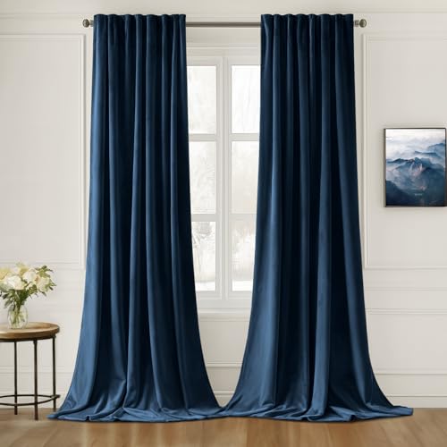 Navy Blue Velvet Pinch Pleat Blackout Curtains W52 X L90 Inches (2 Count)