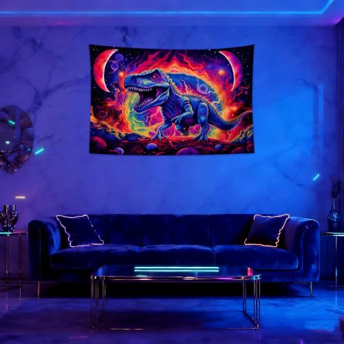 Blacklight Dinosaur Tapestry Wall Hanging Black Light Tapestries Uv Glow in the Dark Dino Poster for Teen Boys Room Bedroom 39.1" L x 59.1" W