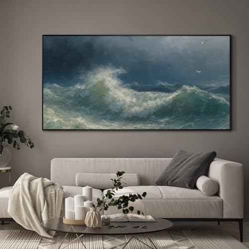 36"x72" Extra Large Framed Wall Art Dramatic Ocean Waves with Stormy Sky and Seagulls for Home Living Room Bedroom Decor