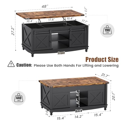 48" Farmhouse Lift Top Coffee Table with Storage Sliding Barn Door & Large Hidden Compartment