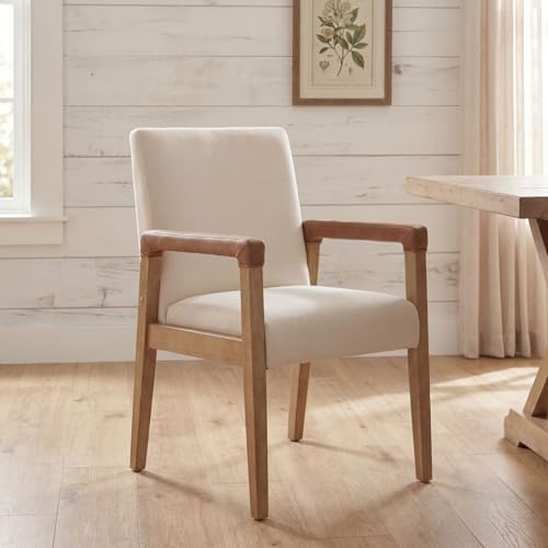 Modern Dining Chairs Set of 4 Linen Fabric Kitchen Arm Chairs Upholstered Accent Chairs with Wooden Legs for Dining Room (4 Count)