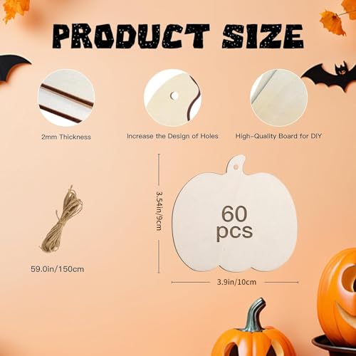 60 Pcs Pumpkin Wooden Cutouts Thanksgiving Unfinished Wood Crafts Pumpkin Wooden Pumpkins Ornaments to Paint Decorations DIY Blank Fall Pumpkin Shapes Discs Halloween 3.9x3.5 Inch (63 Count)