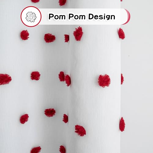 Blackout Curtains for Girls Bedroom with Red Pom Pom Sheer 90 Inch Long Total Light Blocking Curtains for Living Room 2 Panels 100% Room Darkening Grommet Double Layer Drapes 50" x 90"