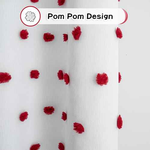 Red Christmas Blackout Curtains for Living Room 84 Inches Long Total Light Blocking Curtains for Bedroom 2 Panels Grommet 100% Thermal Insulated Window Drapes with Red Pom Sheer 50W x 84L