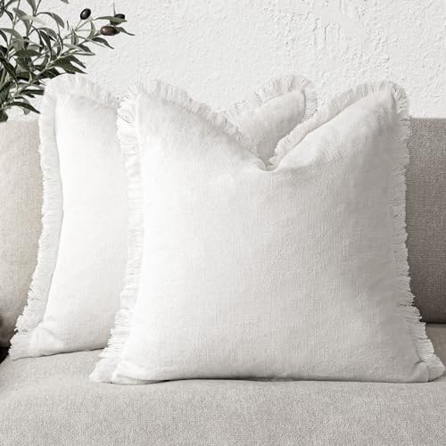 Decorative Linen Fringe Throw Pillow Covers 24×24 Inch (2 Count)