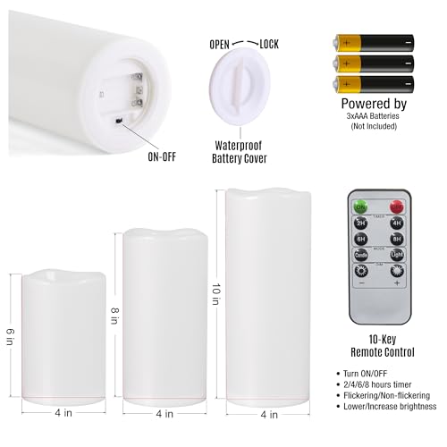 6" 8" 10" x 4" White Large Waterproof Outdoor Flameless Candles Battery Operated LED Flickering Pillar Candles with Remote and Timer for Indoor Outdoor Lanterns (3 Count)