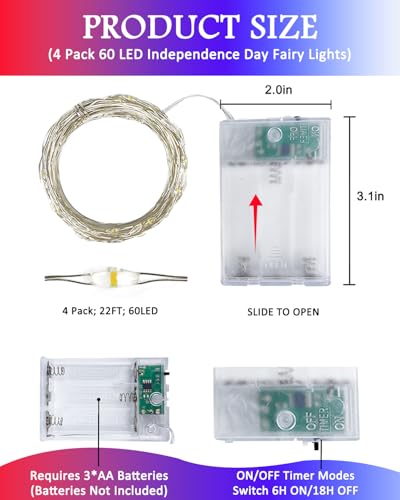 4 Pack 20 FT 60 LED Red White and Blue Battery Operated Fairy Lights Timer (4 Count)
