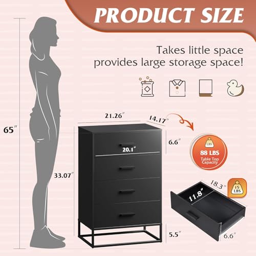 Black Dresser for Bedroom with 4 Drawers