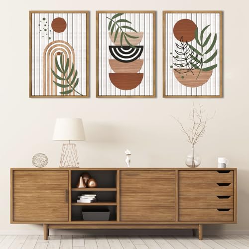 Large Boho Mid century Wood Framed Canvas Wall Art Set