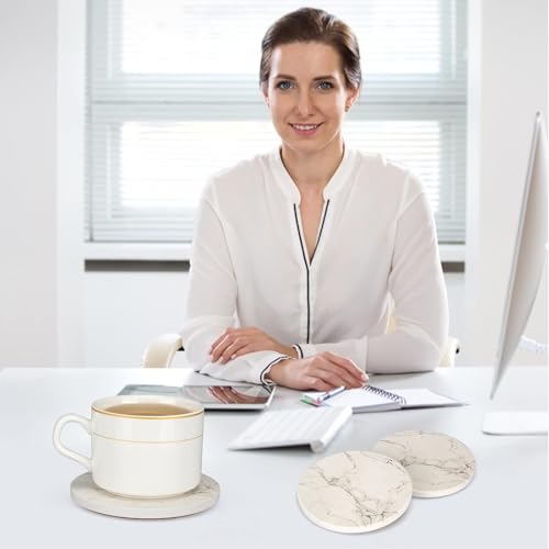 White Marble Coasters Set of 6 Absorbent Ceramic Cute Drink Coaster Holder (6 Count)