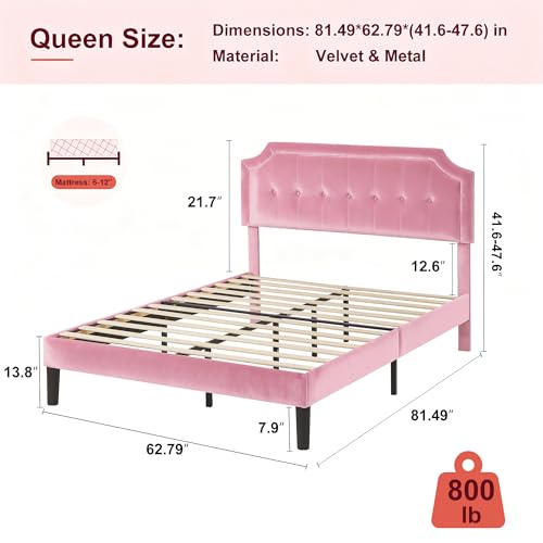 Queen Size Bed Frame with Velvet Upholstered Headboard
