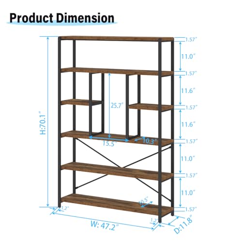 6 Tier Industrial Bookshelf for Living Room Office