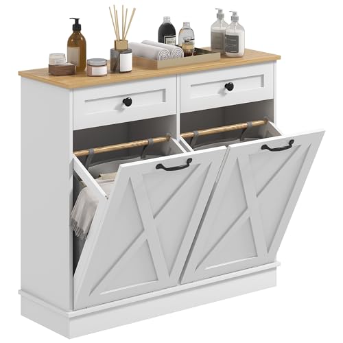 Tilt Out Laundry Hamper Cabinet with 2 Removable Baskets