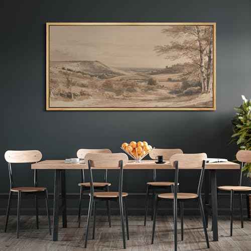 Extra Large Framed Canvas Print Wall Art Vintage Neutral Tone Countryside Landscape Retro Fine Art Illustrations Decorative Colorful for Bedroom