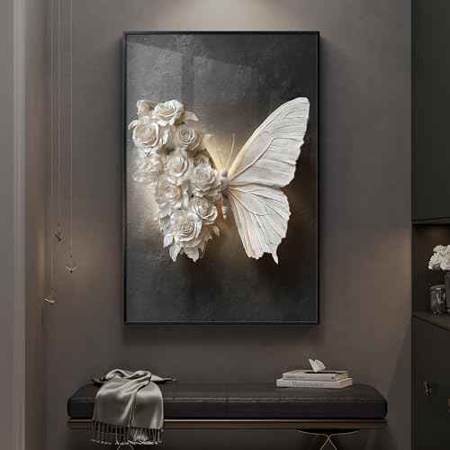Large Framed Black and White Butterfly Floral Wall Art