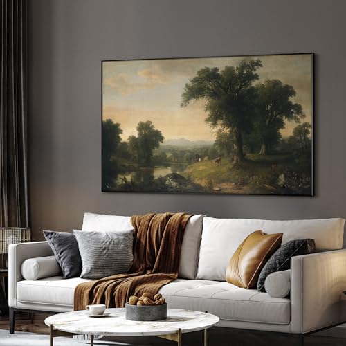 36"x60" Extra Large Framed Wall Art Classic River Valley Landscape Vintage Style Countryside with Trees and Cows Illustration for Home Living Room Bedroom Decor