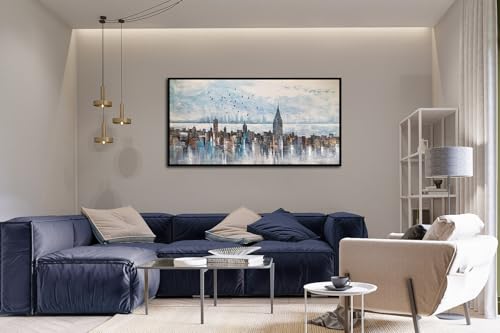Cityscape Wall Art New York City Buildings Picture Modern Abstract Grey Skyline Birds NYC Painting Artwork for Bedroom Living Room Bathroom Home Office Decor